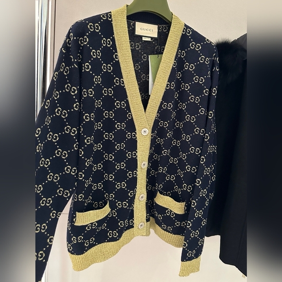 Gucci Navy blue and gold GG Cotton Lame Cardigan Size S - Picture 6 of 8